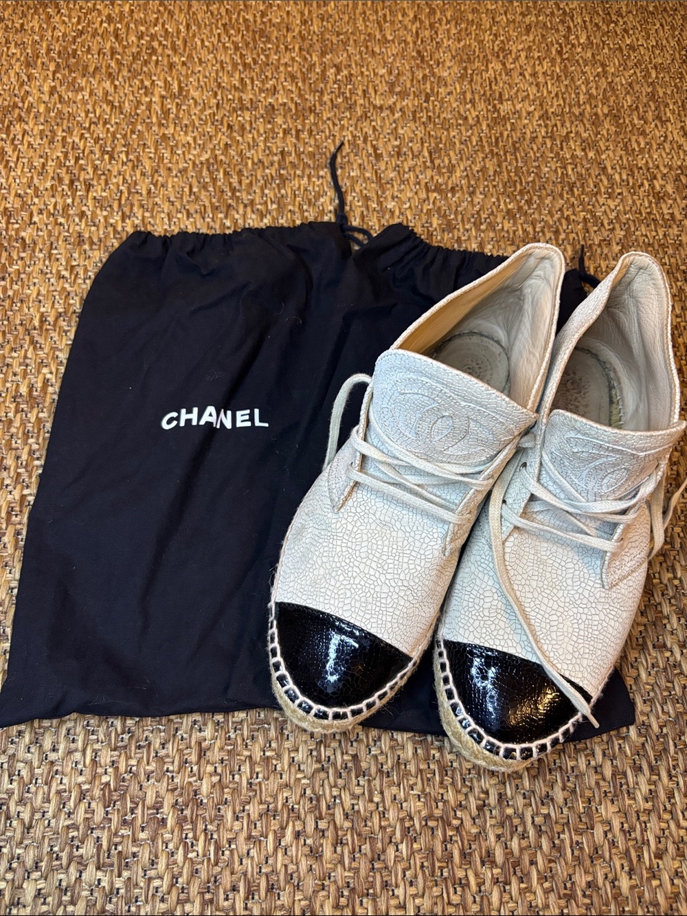 Chanel Two-Tone Espadrille Lace-Up Shoes - Cream with Black Cap Toe